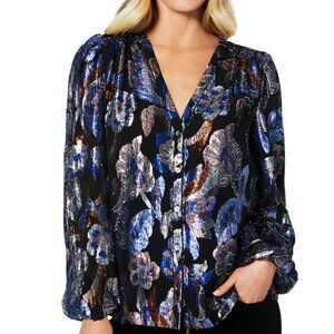 Ramy Brook Trey Metallic Jacquard Silk long sleeved top M EUC